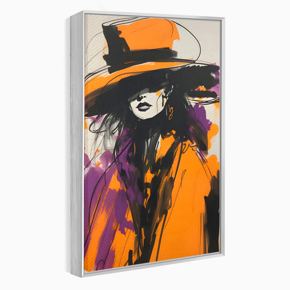 Tablou canvas cu ilustratie portret femeie cu palarie portocalie, in rama de aluminiu argintiu